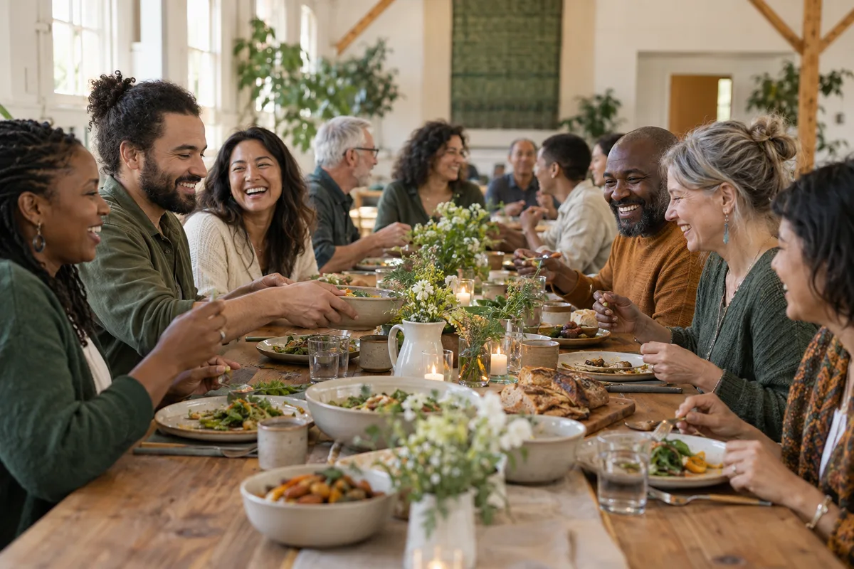 Neighbors laughing and sharing dinner around a long community table