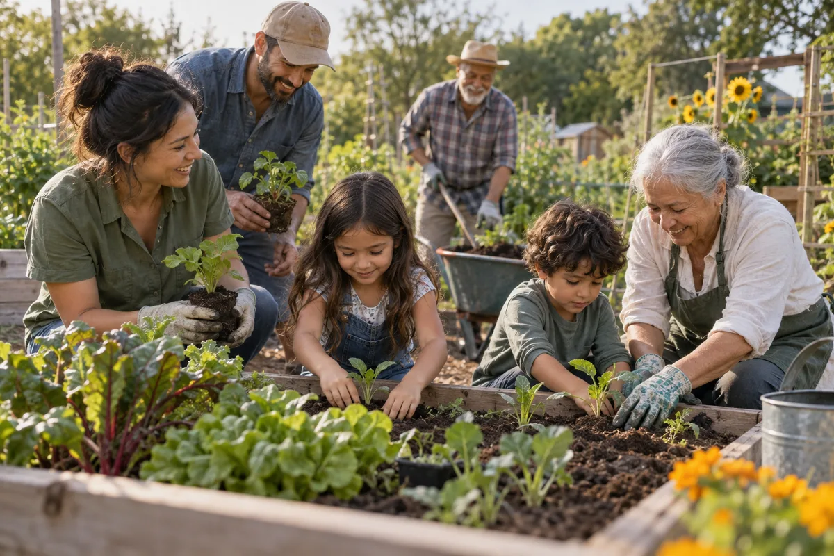 Families working together in a sunny community garden