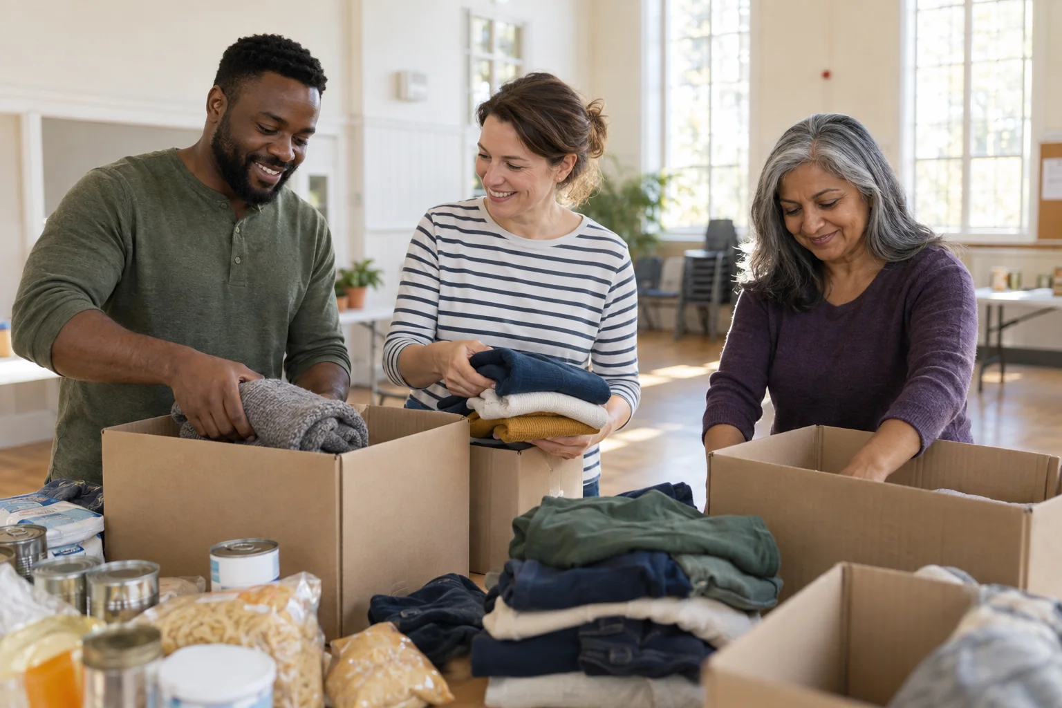 Volunteers preparing care parcels and donated clothes in a community hall