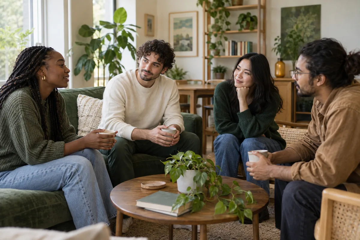 Friends enjoying a relaxed conversation over coffee